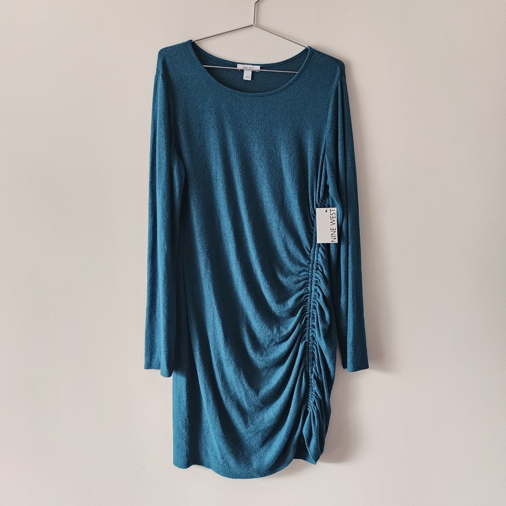 Nine West Ruched Dress Women Large Teal Blue Soft Knit Casual Fall holiday party